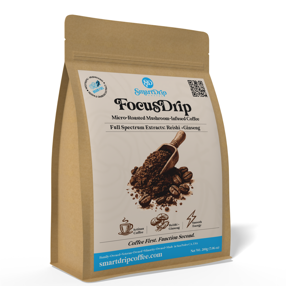 Brown package of FocusDrip coffee with a white label on a white background