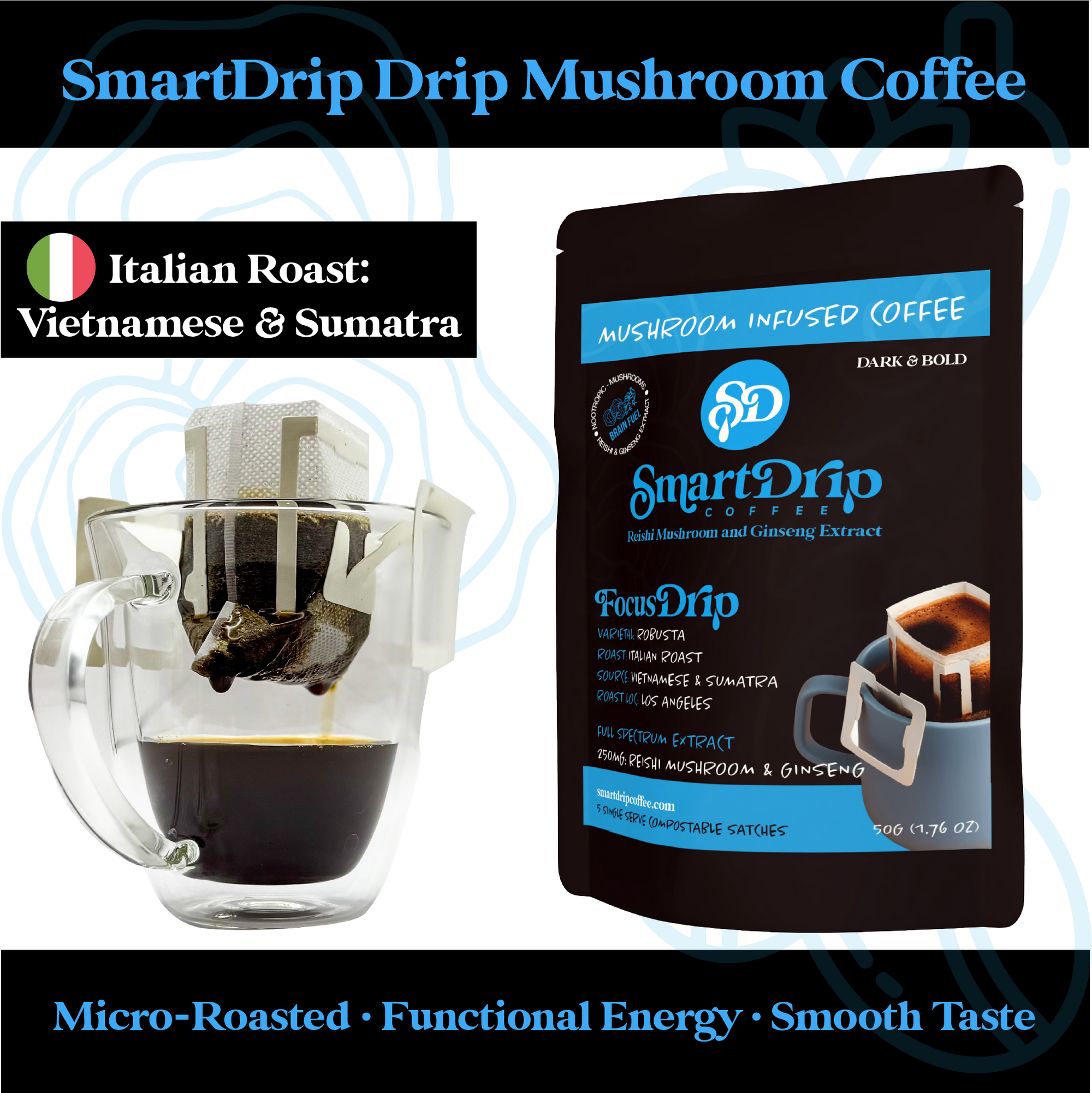SmartDrip Drip Mushroom Coffee package with a glass mug of coffee on a white background