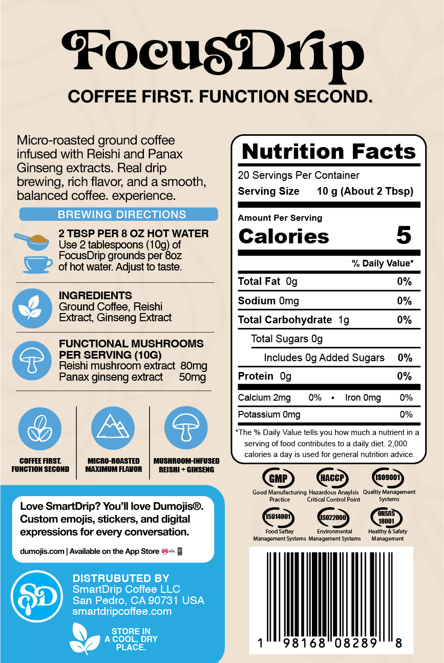Coffee package with nutritional information and brewing directions on a beige background