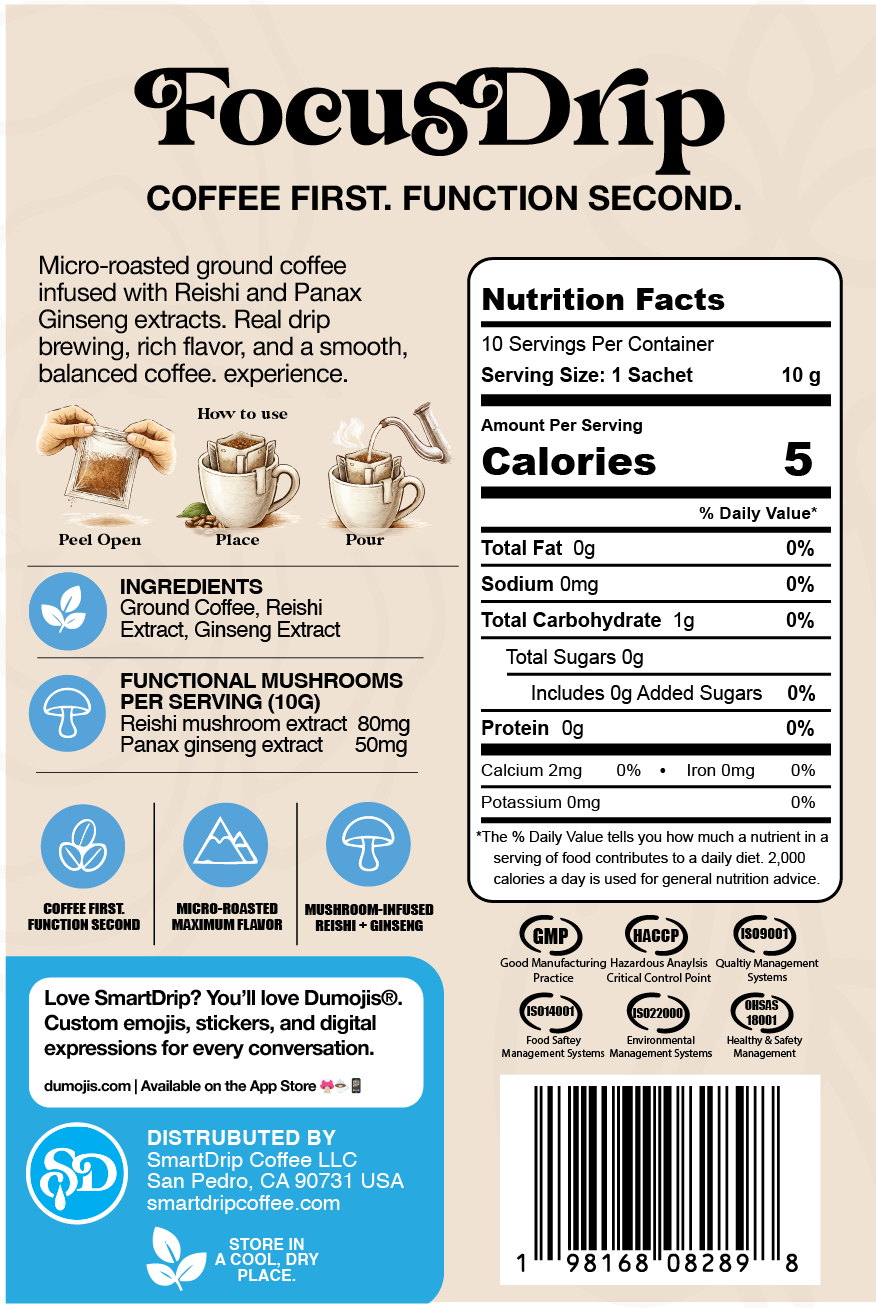 FocusDrip coffee package with nutritional information and branding details.