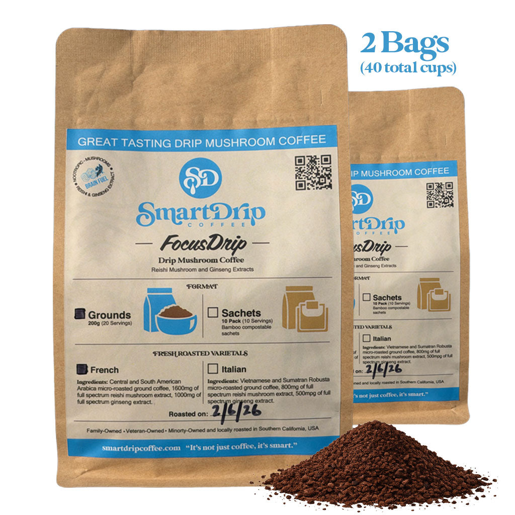 Two packages of SmartDrip FocusDrip Drip Mushroom Coffee with ground coffee on a white background
