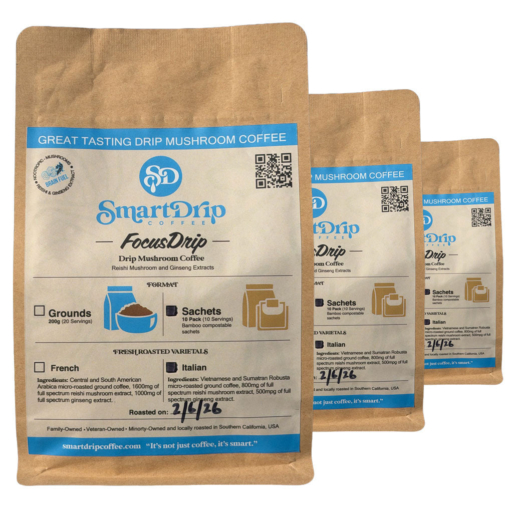 Three packages of SmartDrip FocusDrip Drip Mushroom Coffee on a white background