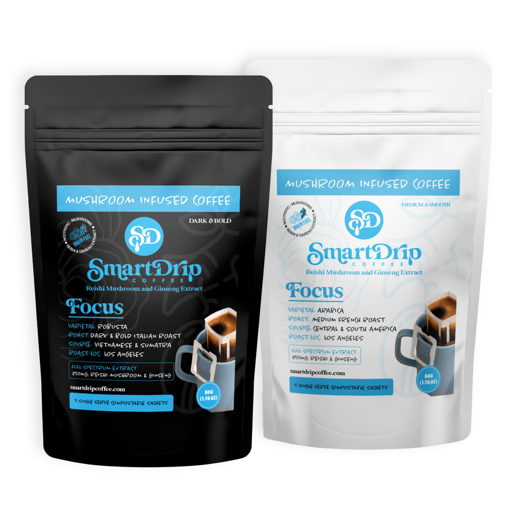 Two packages of SmartDrip Coffee, one black and one white, with product details on a white background.