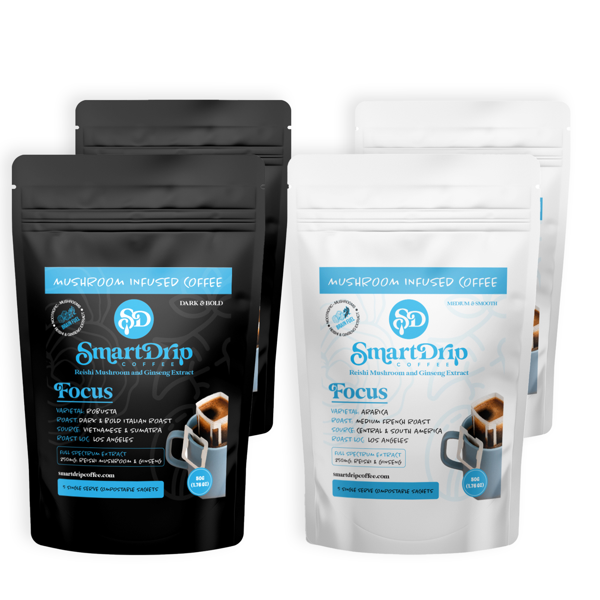Two packages of SmartDrip Mushroom Infused Coffee on a white background