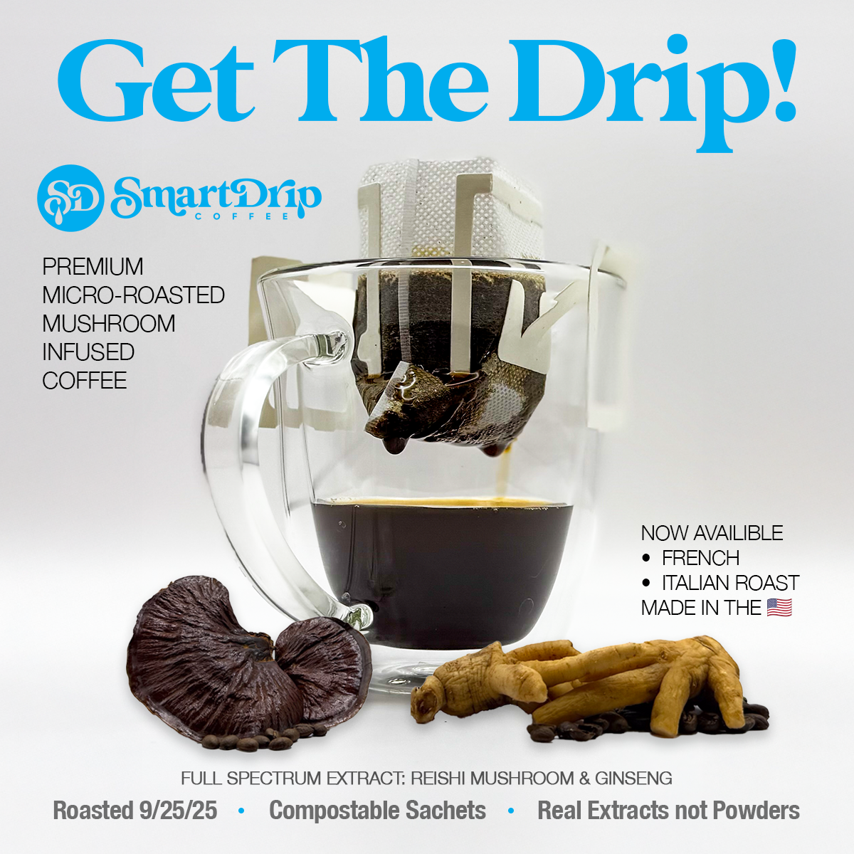 SmartDrip coffee packaging with a glass of coffee, mushrooms, and text about the product.