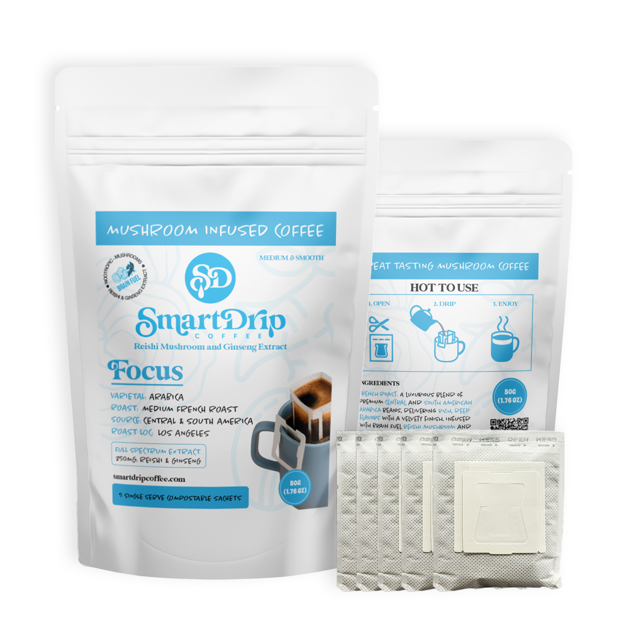 SmartDrip Coffee packaging with coffee bags and packets on a white background
