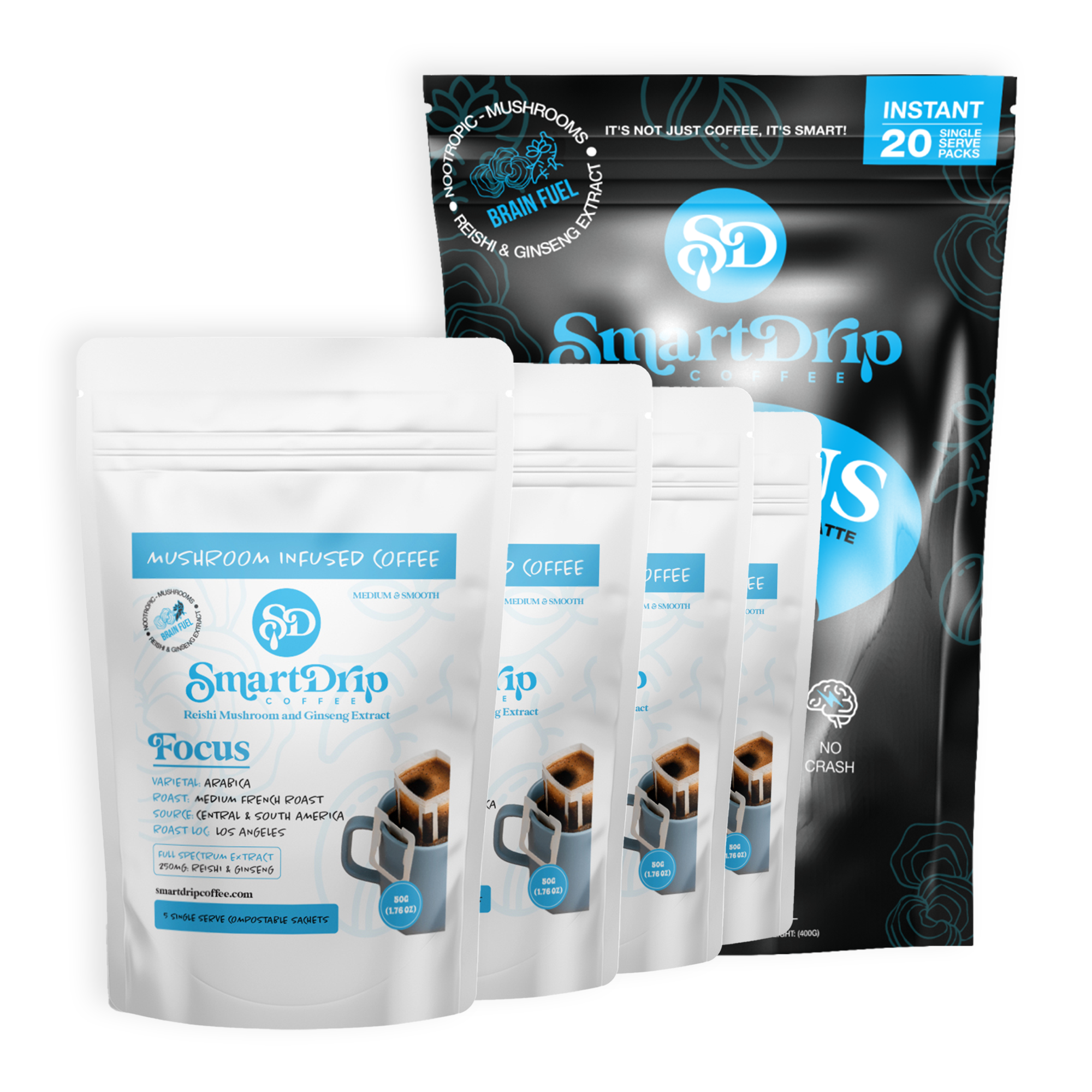 SmartDrip coffee packages with branding and product details on a white background