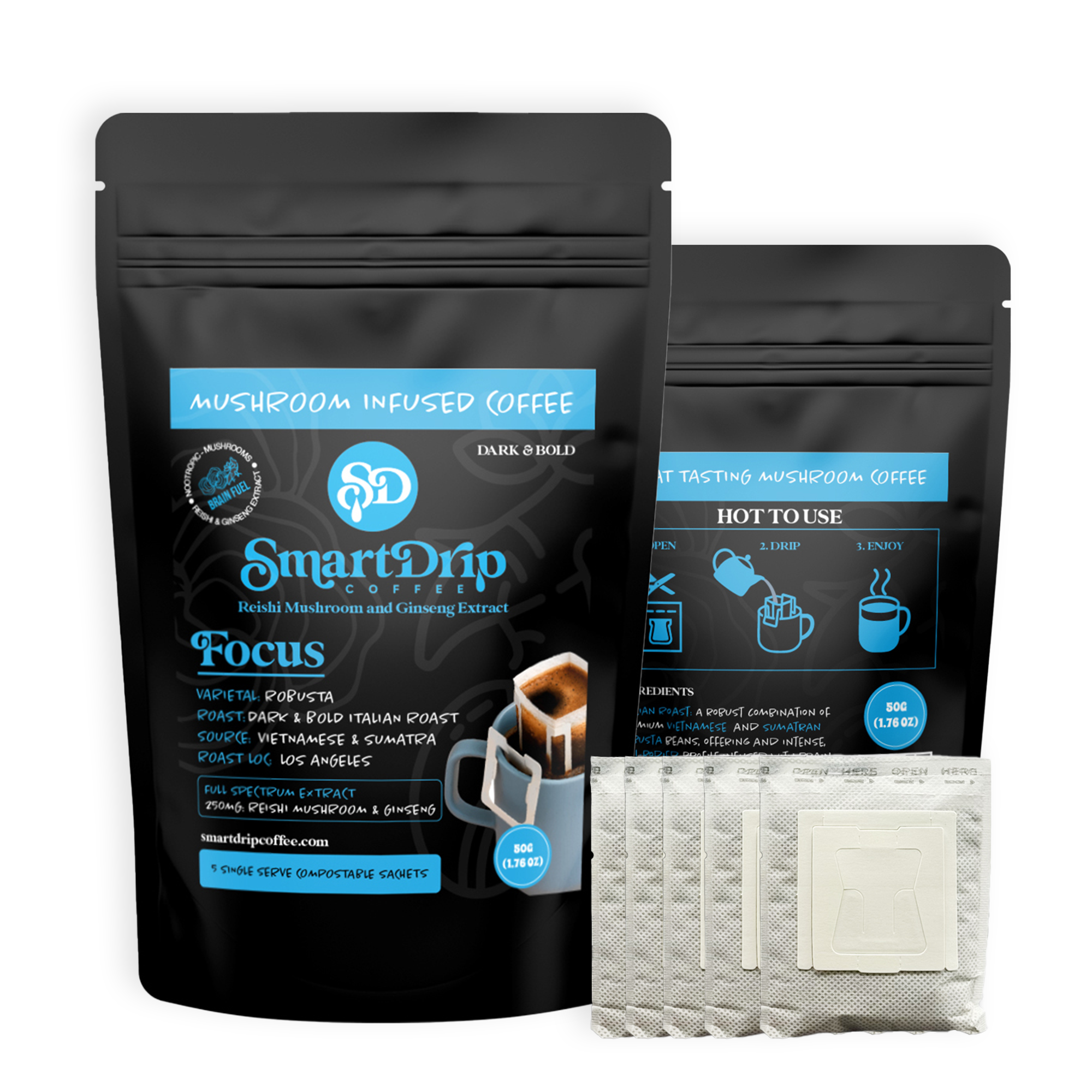 SmartDrip Coffee packages with mushroom-infused coffee and tea bags on a white background