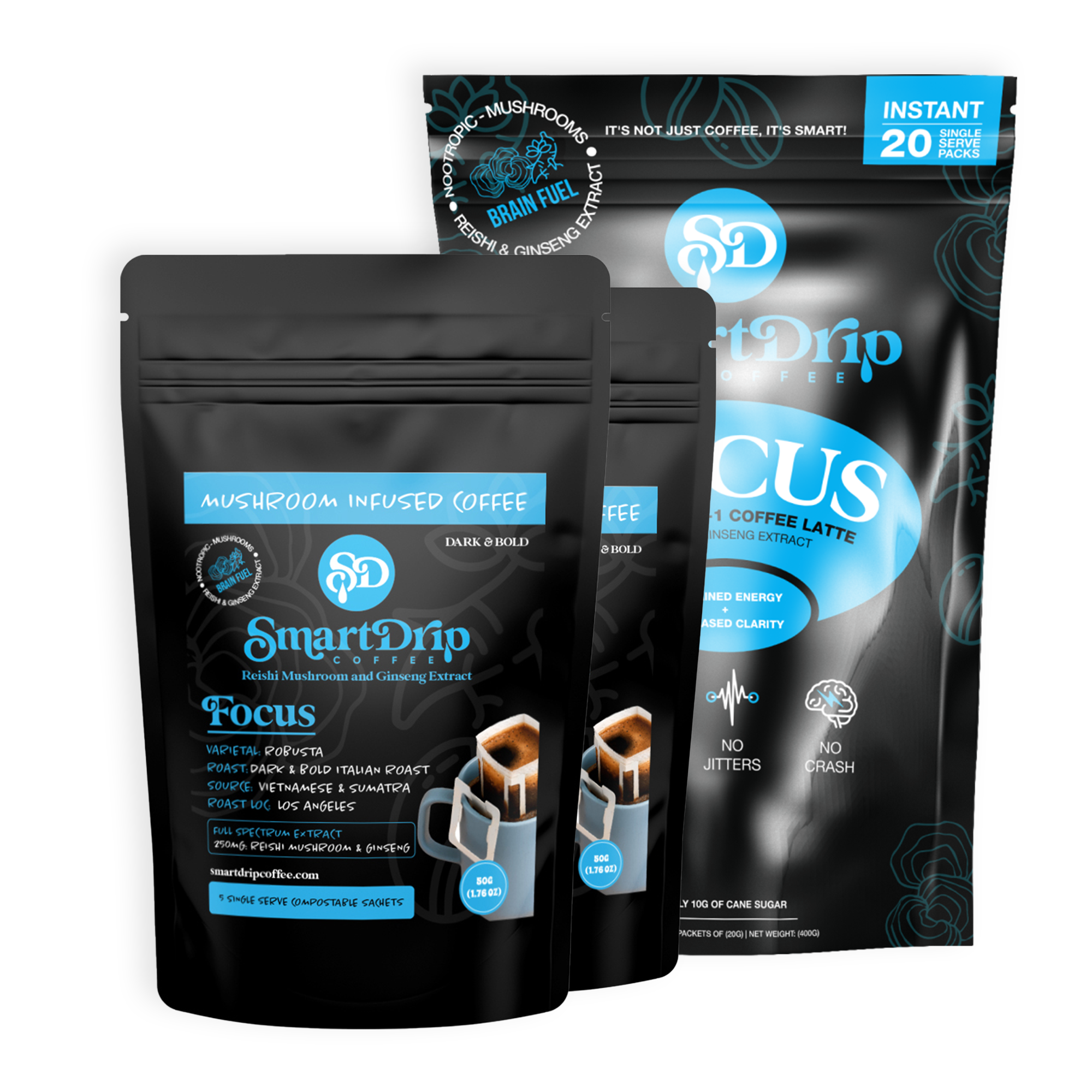 SmartDrip coffee packages with blue and black design on a white background