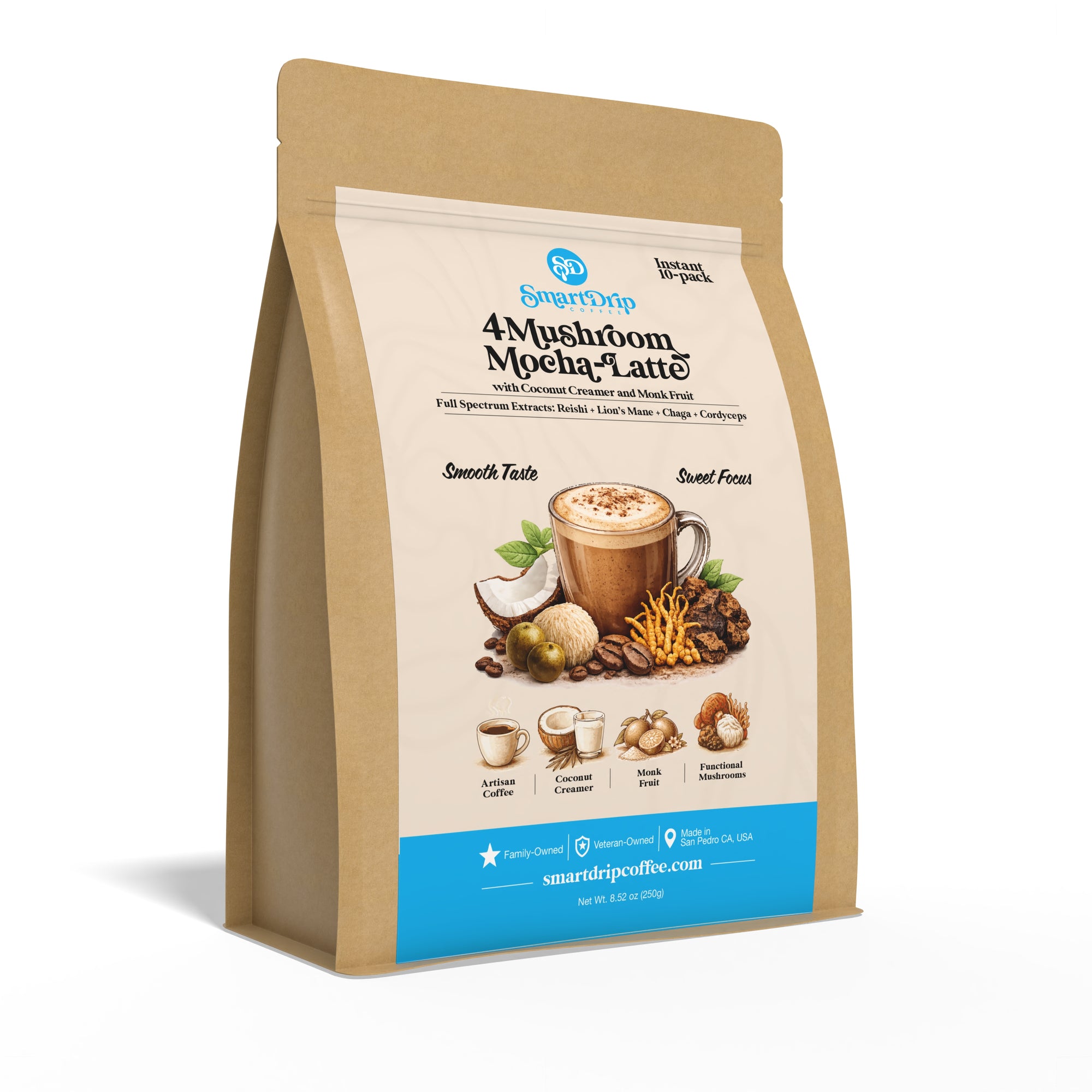 Coffee package with a label featuring a mushroom mocha latte flavor on a white background