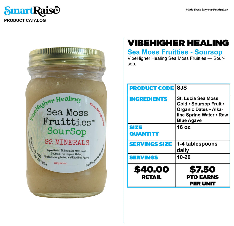 A product catalog page for SmartRaise VibeHigher Healing Sea Moss Fruities - Soursop, showing a glass jar of the product on the left and product details on the right, including ingredients, size, servings, and pricing.