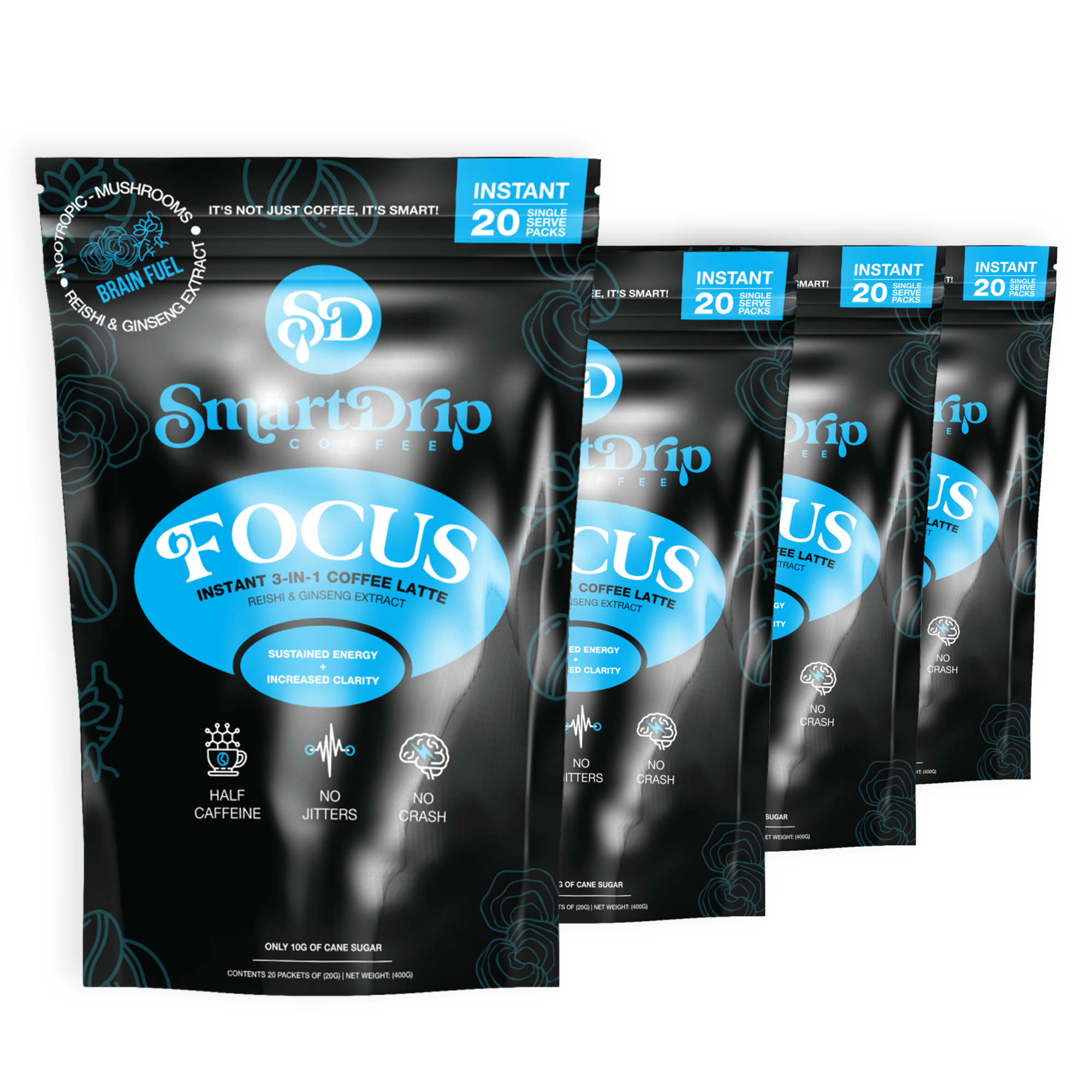 SmartDrip Focus instant coffee latte packages on a white background