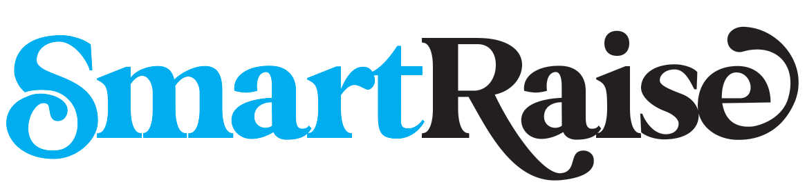 The SmartRaise logo is displayed on a solid white background, featuring the word 'Smart' in bright blue and 'Raise' in black, with a circular interlocking design at the end.