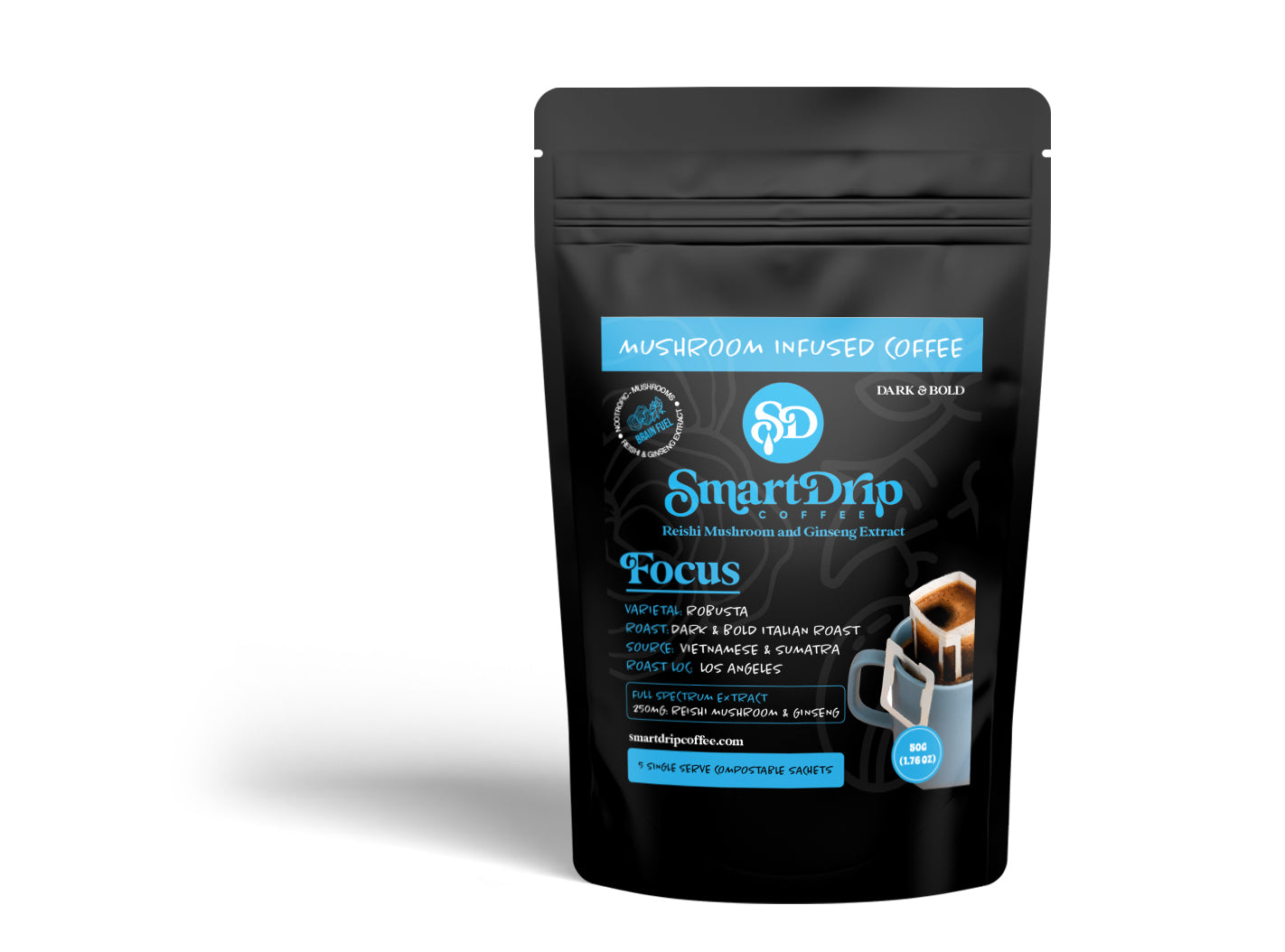 Black coffee package with 'SmartDrip' branding on a white background