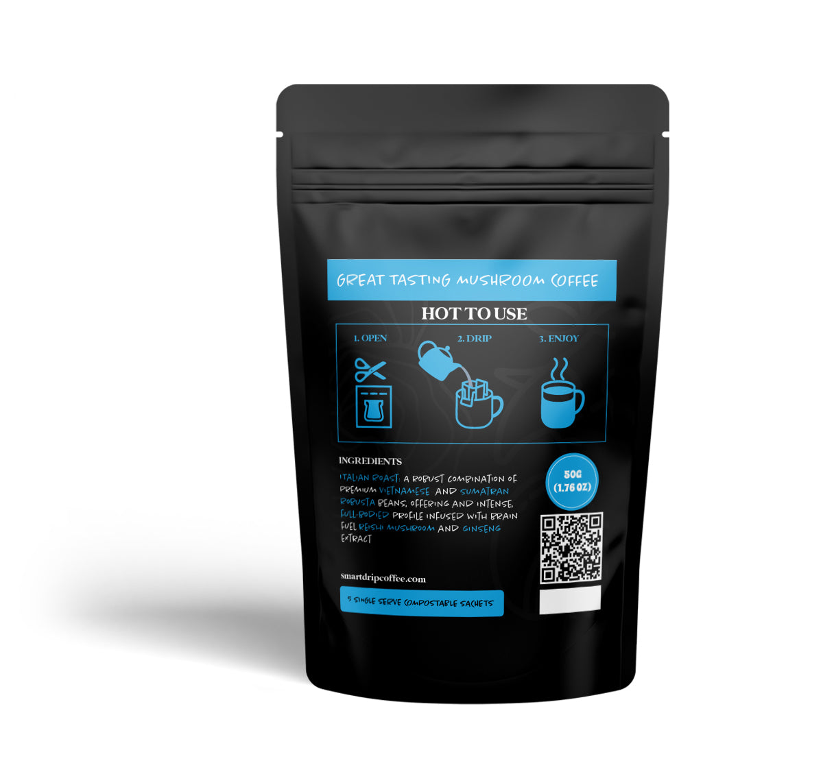 Black coffee package with blue text and icons on a white background