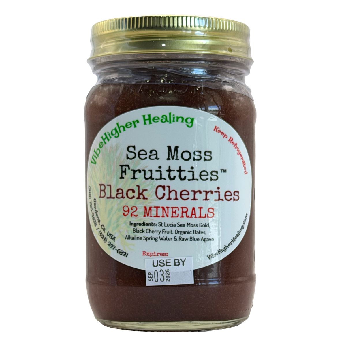 A jar of ViseHigher Healing Sea Moss Fruitties Black Cherries, featuring a gold metal lid and a white label with green and red text, set against a plain white background.
