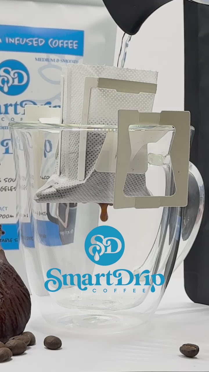 A slow motion Video of water being pour into a SmartDrip Focus Sachet sitting on top a clear coffee cup. 