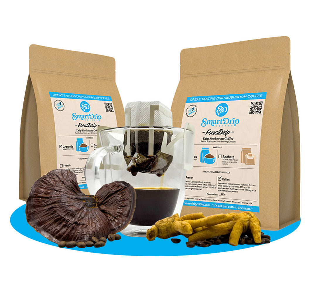 Two packages of SugarDrip FungiDrip Coffee with a glass of coffee and mushrooms on a white background.